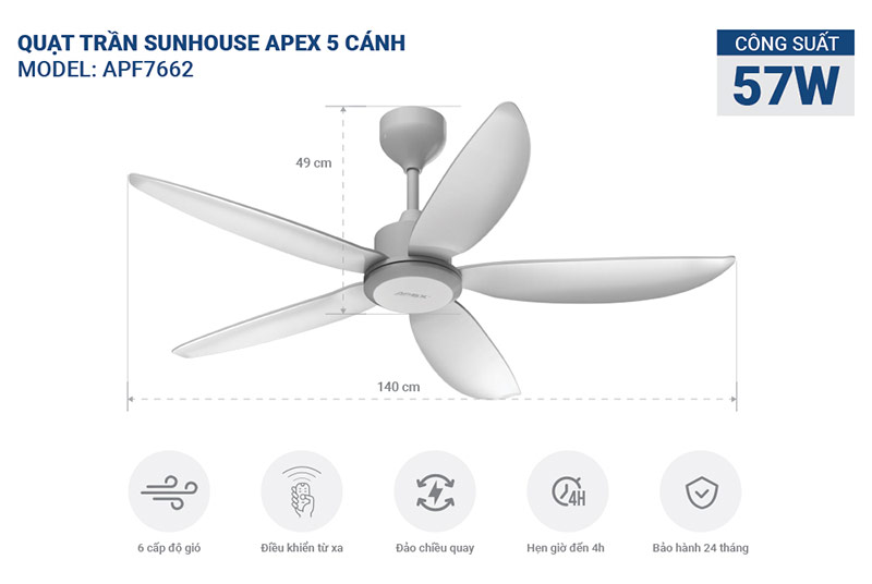 Quạt trần Sunhouse APEX 5 cánh APF7662nhiều tính năng ưu việt
