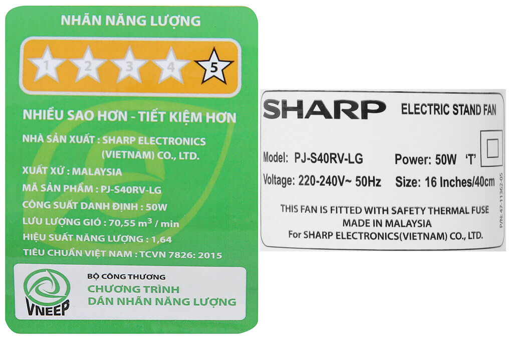 Thông số in trên tem quạt Sharp PJ-S40RV-LG