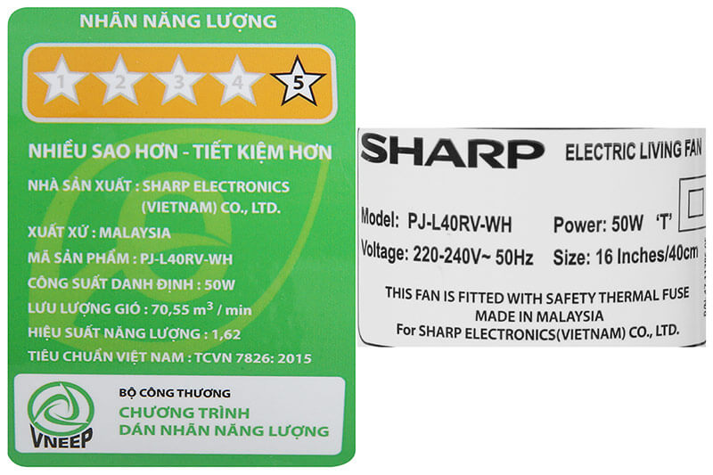 Thông số trên tem trên quạt cây lửng Sharp PJ-L40RV-WH
