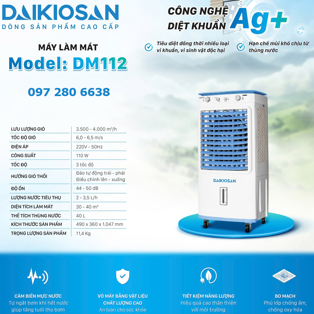 Thông số kỹ thuật chi tiết Quạt hơi nước Daikiosan DM112