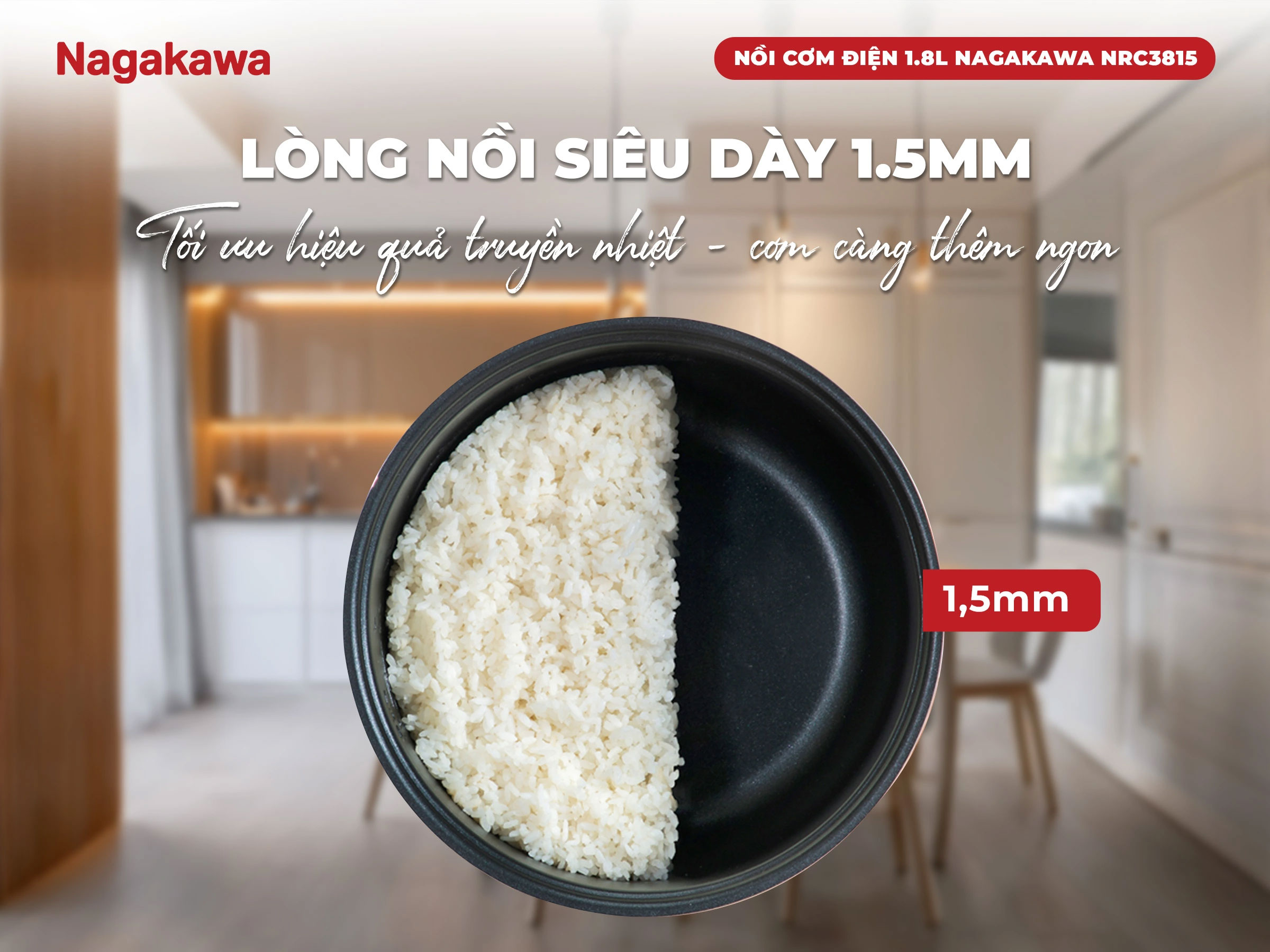 Lòng nồi dày 1.5mm, phủ chống dính tốt – Cơm chín đều và giữ nhiệt tốt