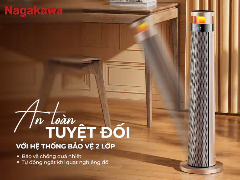Máy sưởi gốm Nagakawa NEH8366 an toàn tuyệt đối với hệ thống bảo vệ 2 lớp