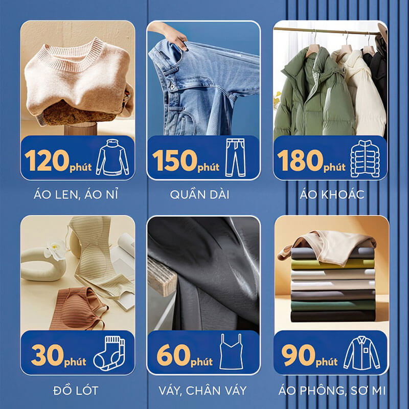 Thời gian sấy phù hợp với từng loại quần áo TỦ SẤY QUẦN ÁO ELMICH CDE-8641
