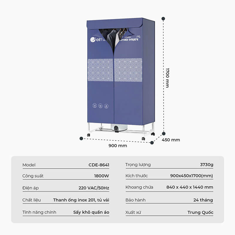 Thông số kỹ thuật TỦ SẤY QUẦN ÁO ELMICH CDE-8641