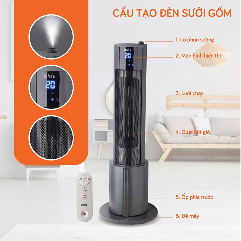 Máy sưởi gốm UNIE UE-129 làm ấm nhanh chóng, phun sương tạo ẩm, dùng được 4 mùa