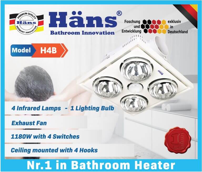 Đèn Sưởi Nhà Tắm 4 Bóng Âm Trần Hans H4B