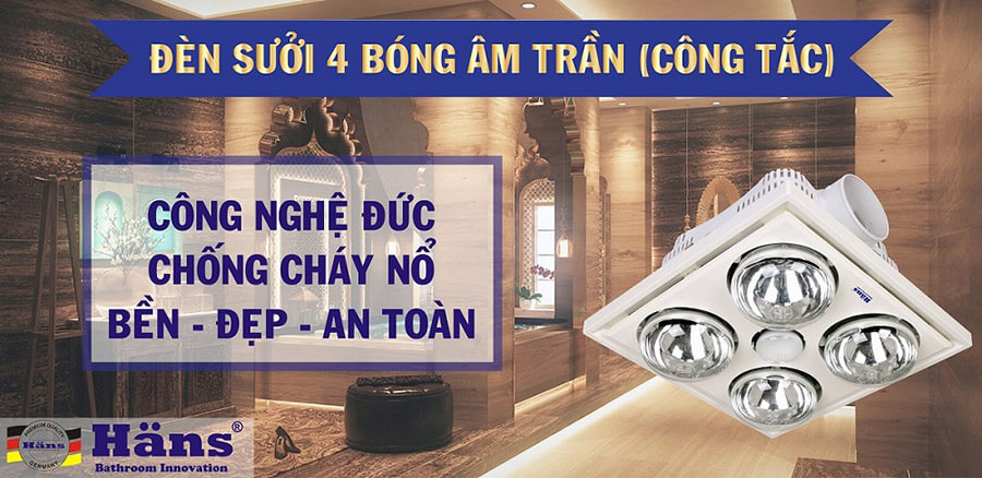 Đèn Sưởi Nhà Tắm 4 Bóng Âm Trần Hans H4B