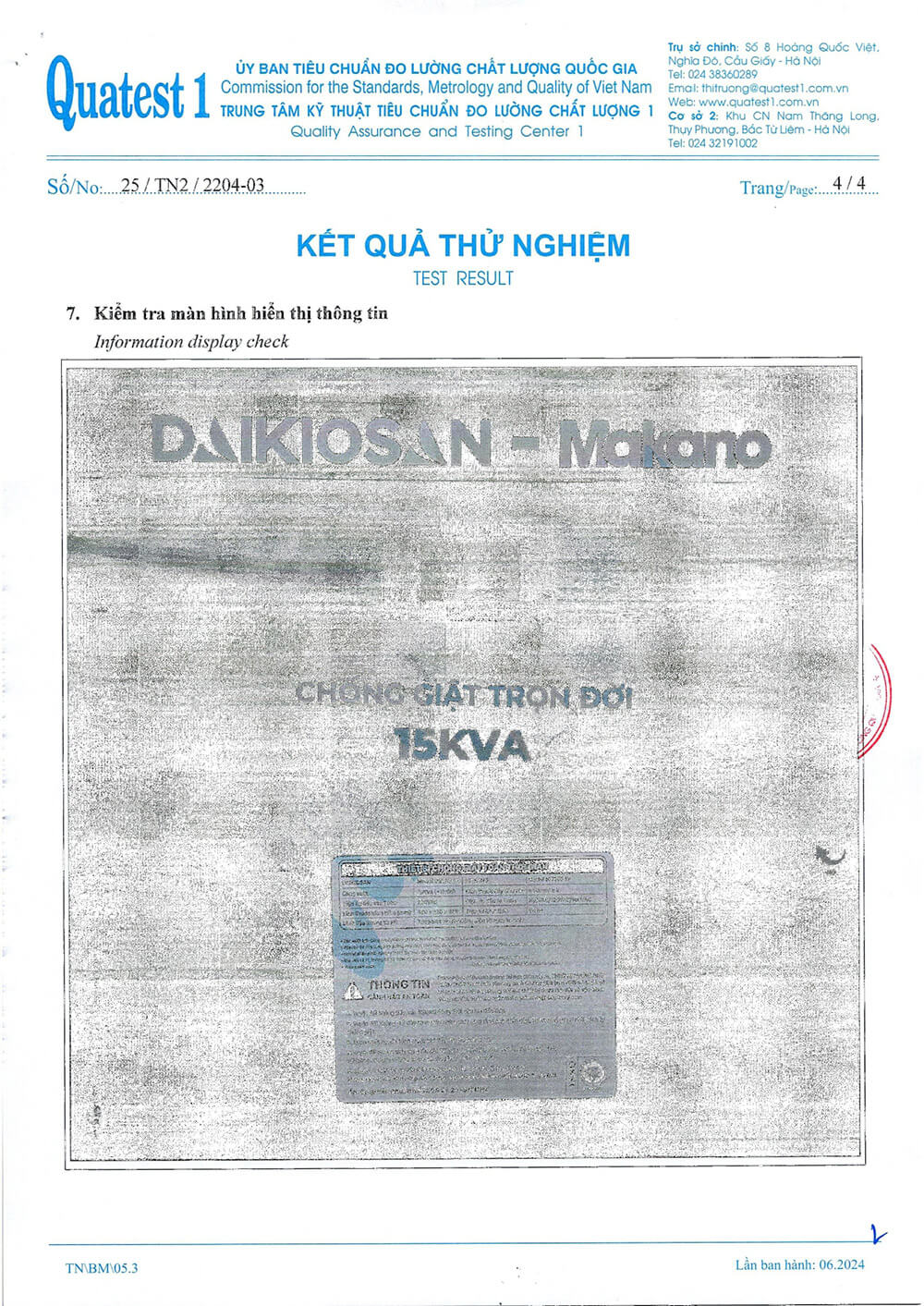 Kết quả thử nghiệm Daikiosan 15KVA DE150 1F