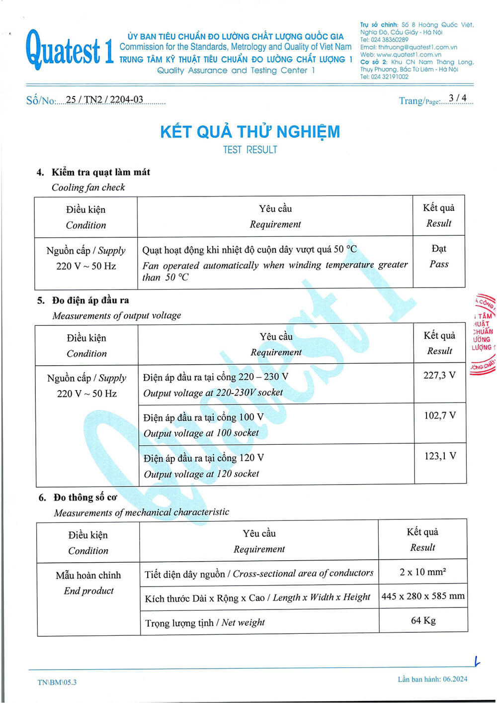 Kết quả thử nghiệm Daikiosan 15KVA DE150 1F thứ 3