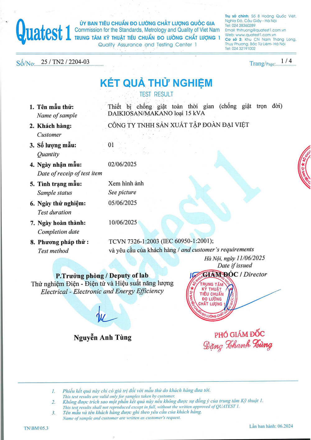 Kết quả thử nghiệm Daikiosan 15KVA DE150 1F thứ 4