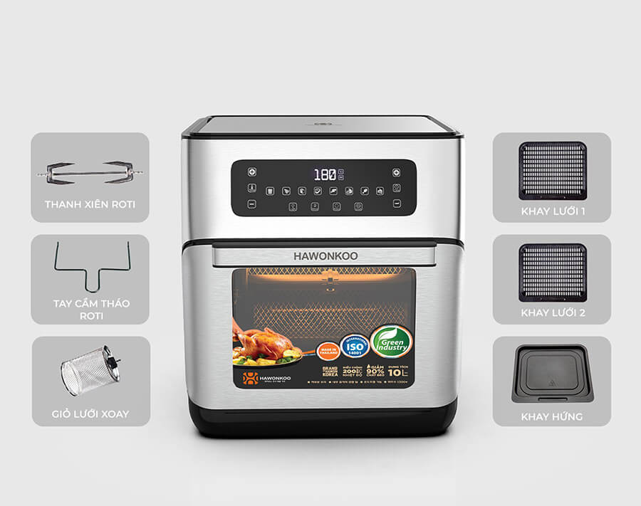 Nồi chiên không dầu Hawonkoo AFH-101 và đầy đủ phụ kiện cần thiết cho việc nấu nướng