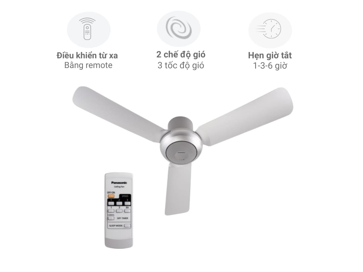 Quạt trần Panasonic F-48CZL ti ngắn 3 cánh rộng 120cm có điều khiển từ xa với chế độ gió Rhythm và hẹn giờ 6h