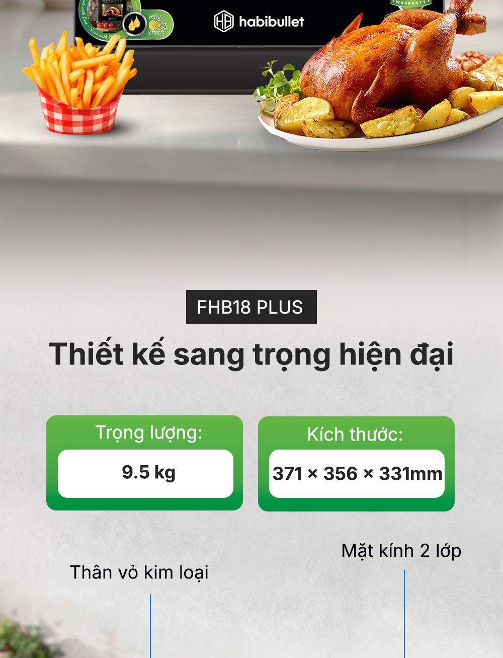 Nồi chiên hấp hơi nước Habibullet FHB18 Plus sang trọng hiện đại