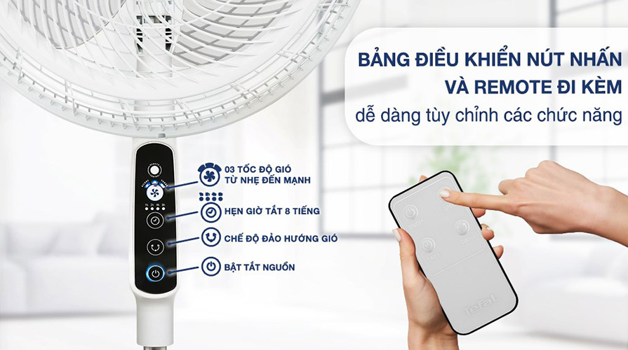 Bảng điều khiển nút nhấn và remote kèm theo của Quạt Tefal VH689690